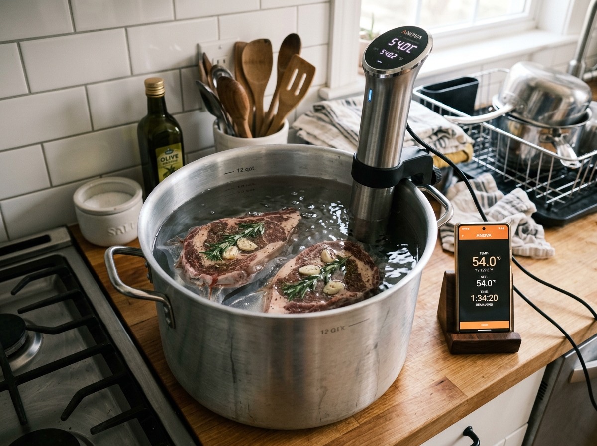 Sous-vide stick aan een pan met water