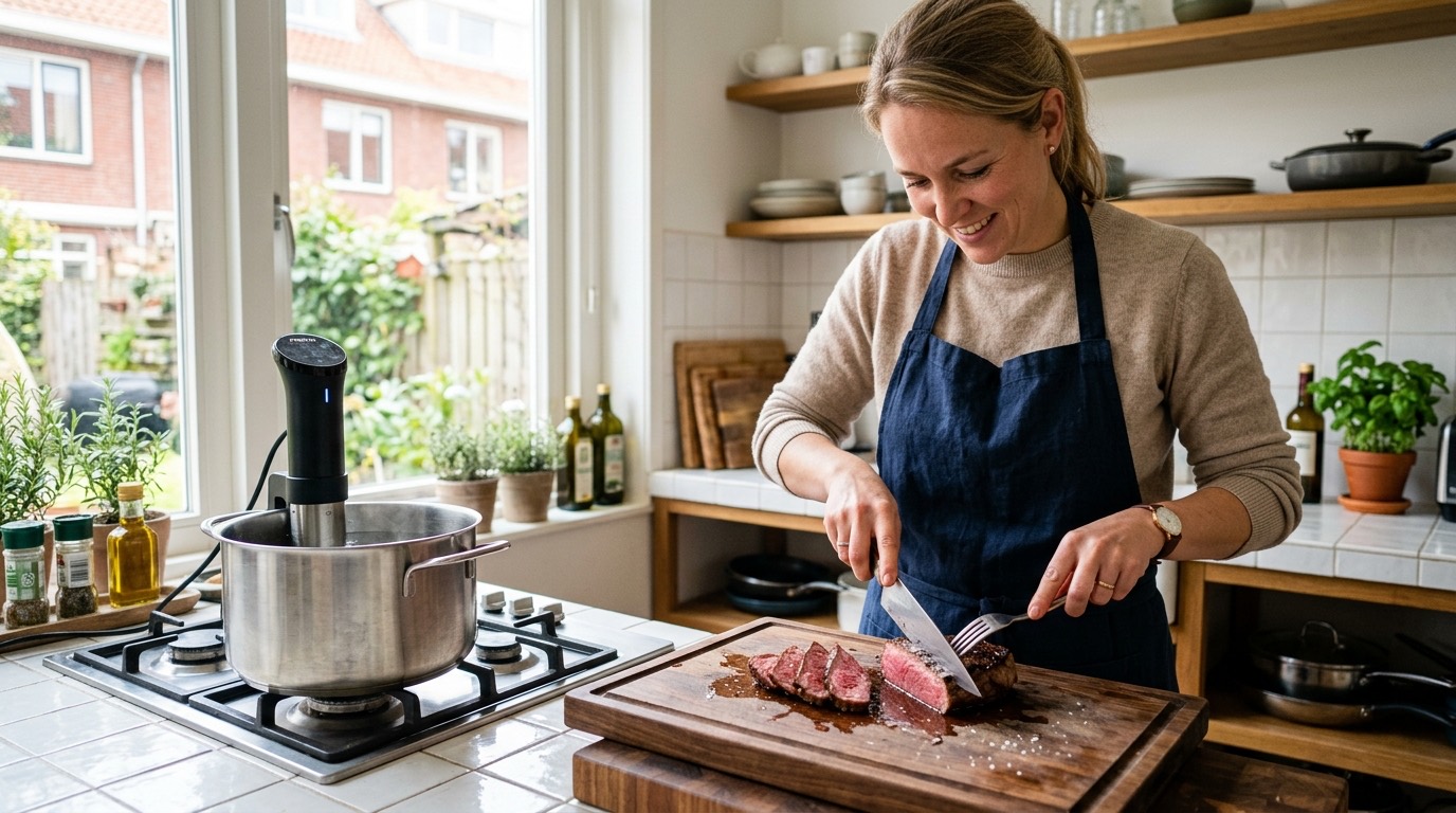 Sous-vide stick in een pan met water op het aanrecht